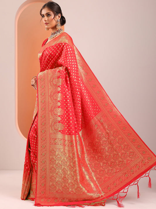 Red Woven Design Banarasi Silk Blend Saree With Unstitched Blouse Piece