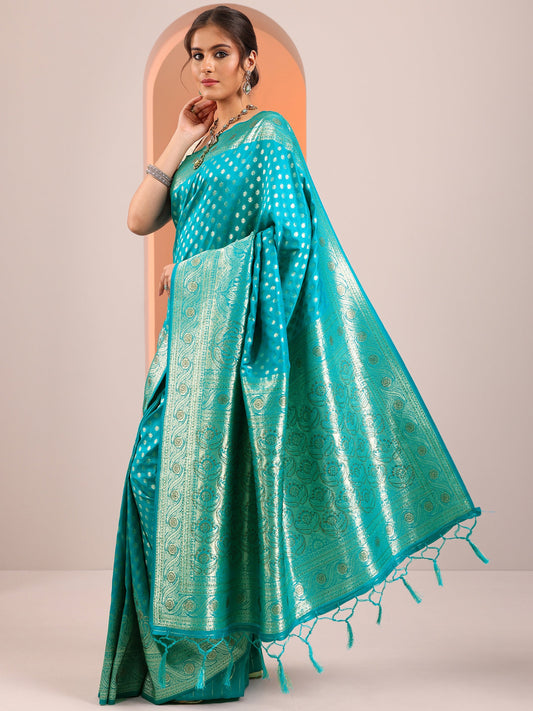 Blue Woven Design Banarasi Silk Blend Saree With Unstitched Blouse Piece