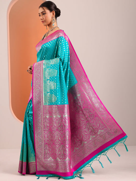 Blue Woven Design Banarasi Silk Blend Saree With Unstitched Blouse Piece