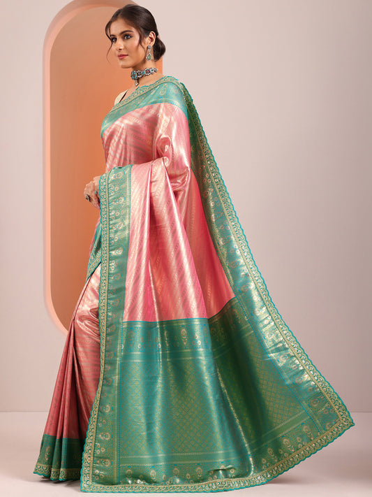 Peach Woven Design Banarasi Silk Blend Saree With Unstitched Blouse Piece