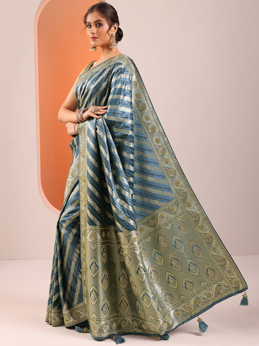 Blue Woven Design Banarasi Silk Blend Saree With Unstitched Blouse Piece