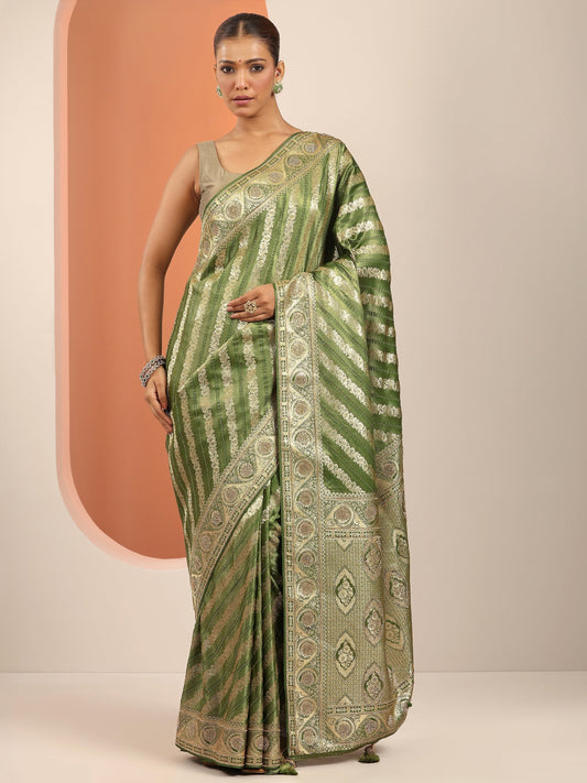 Olive Woven Design Banarasi Silk Blend Saree With Unstitched Blouse Piece
