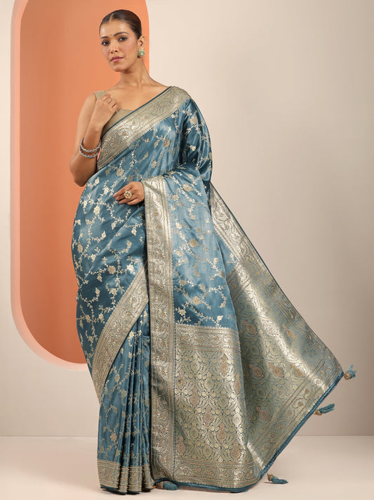 Blue Silk Blend Saree With Unstitched Blouse Piece