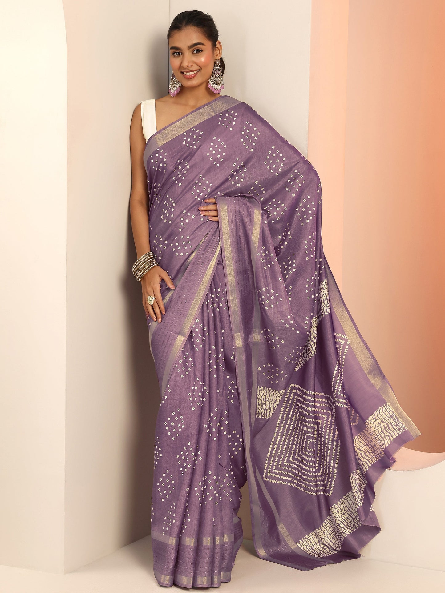 Mauve Printed Silk Blend Saree With Unstitched Blouse Piece
