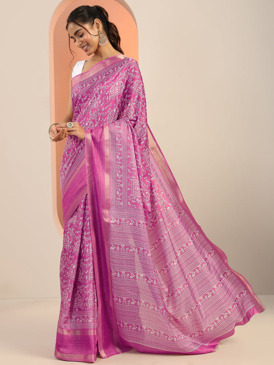 Pink Printed Silk Blend Saree With Unstitched Blouse Piece