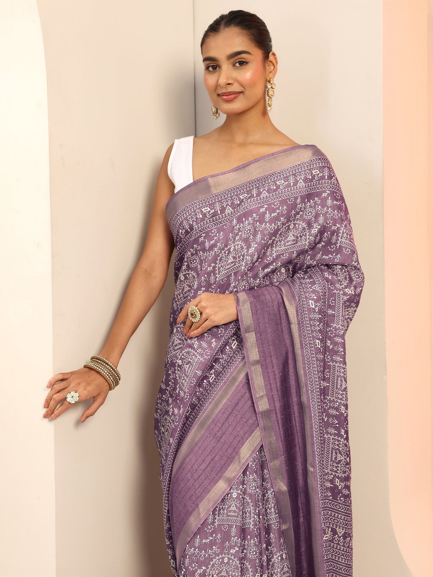 Mauve Printed Silk Blend Saree With Unstitched Blouse Piece