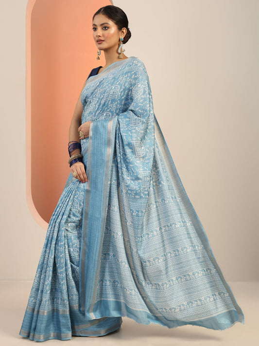 Blue Printed Silk Blend Saree With Unstitched Blouse Piece