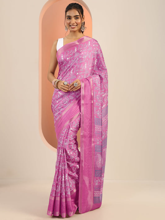 Pink Printed Silk Blend Saree With Unstitched Blouse Piece