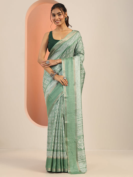 Green Printed Silk Blend Saree With Unstitched Blouse Piece