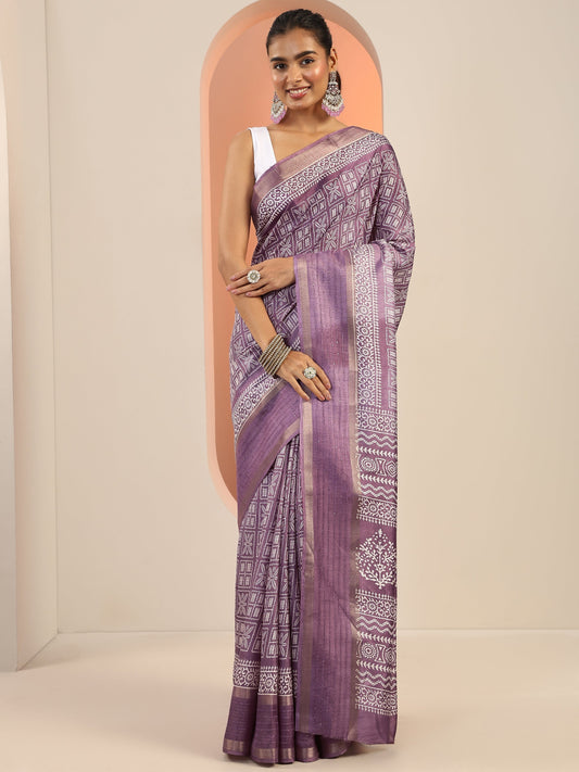 Mauve Printed Silk Blend Saree With Unstitched Blouse Piece