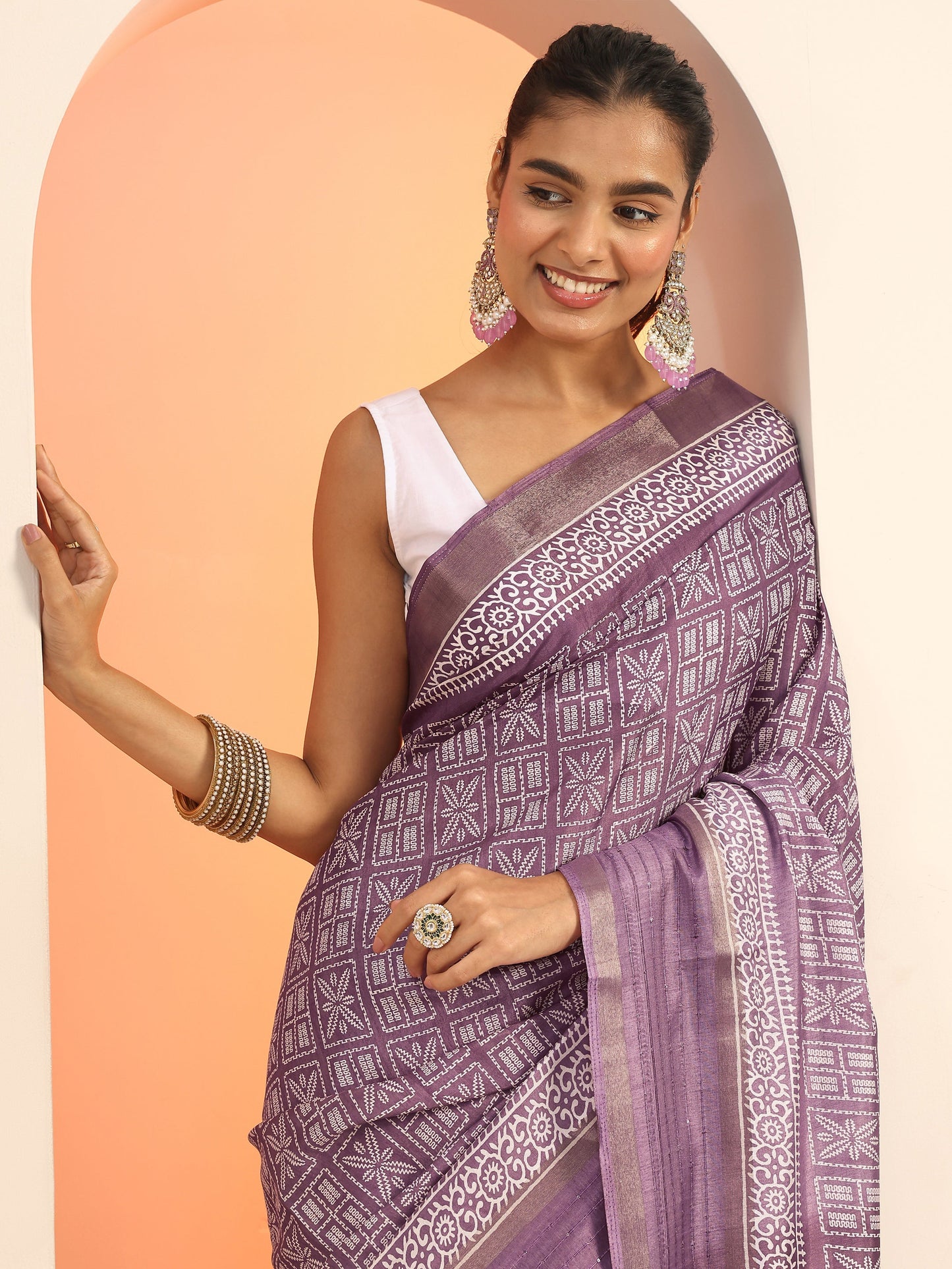 Mauve Printed Silk Blend Saree With Unstitched Blouse Piece
