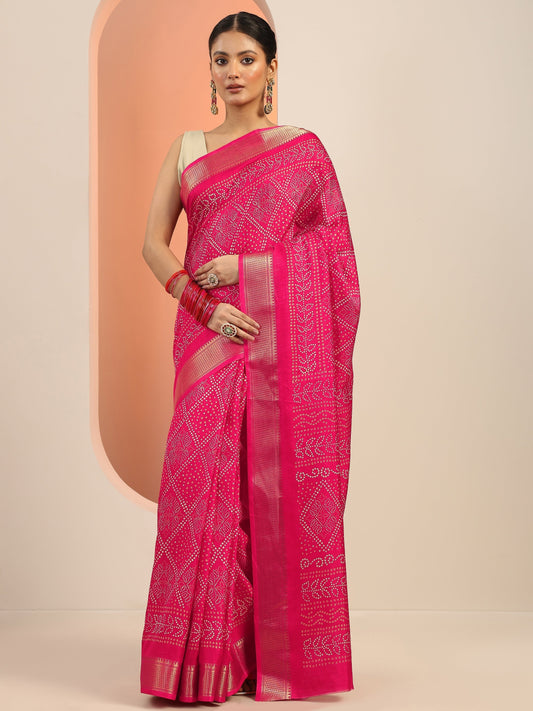 Pink Printed Silk Blend Saree With Unstitched Blouse Piece