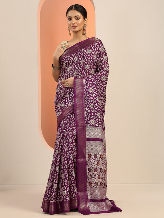 Burgundy Printed Silk Blend Saree With Unstitched Blouse Piece
