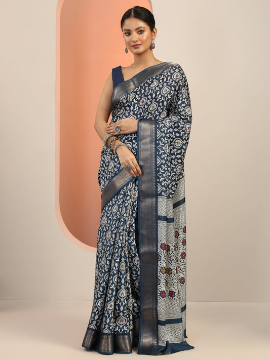 Navy Blue Printed Silk Blend Saree With Unstitched Blouse Piece