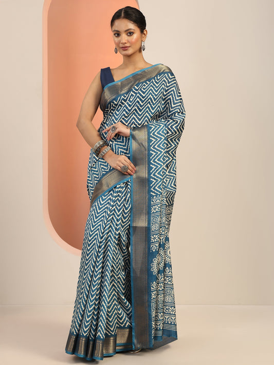 Blue Printed Silk Blend Saree With Unstitched Blouse Piece
