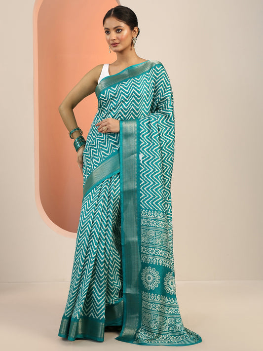 Green Printed Silk Blend Saree With Unstitched Blouse Piece