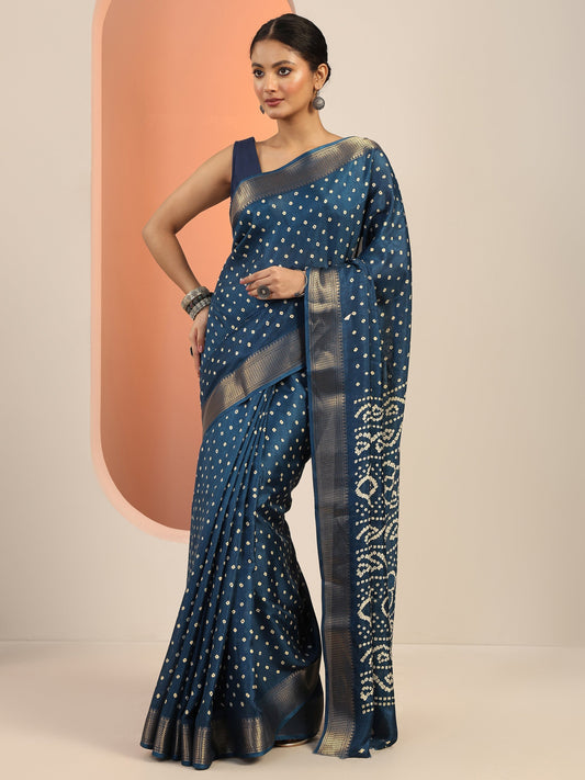 Blue Printed Silk Blend Saree With Unstitched Blouse Piece