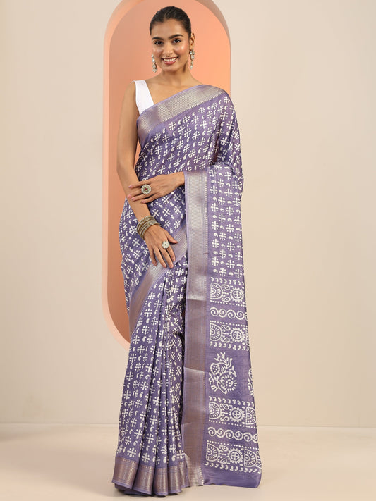 Lavender Printed Silk Blend Saree With Unstitched Blouse Piece