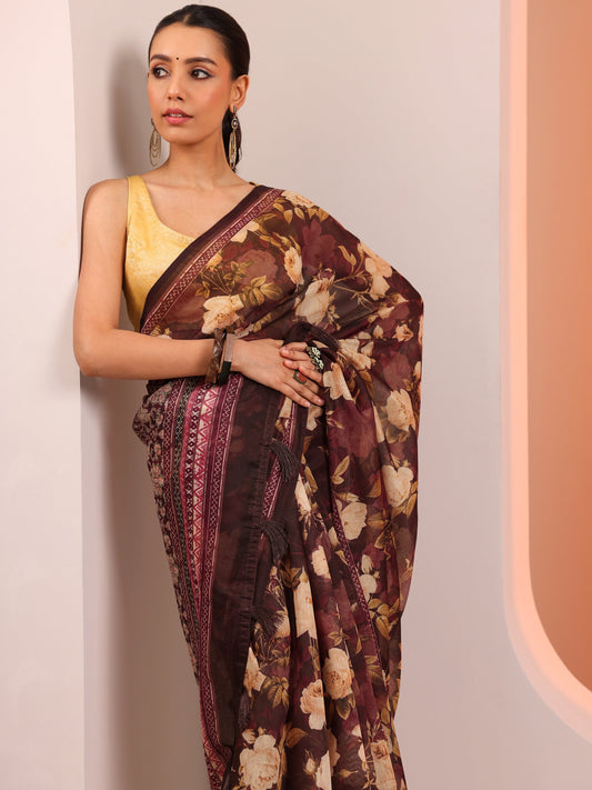 Brown Printed Silk Blend Saree With Unstitched Blouse Piece