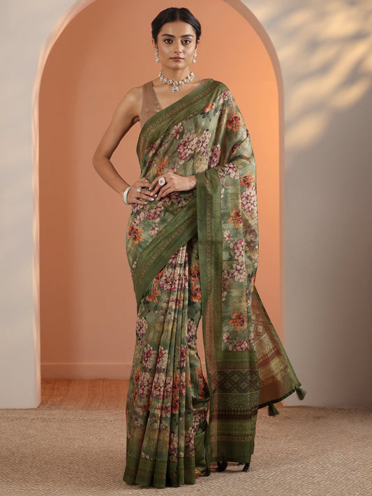 Green Printed Silk Blend Saree With Unstitched Blouse Piece