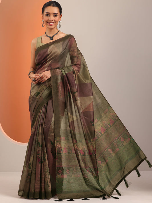 Green Printed Silk Blend Saree With Unstitched Blouse Piece