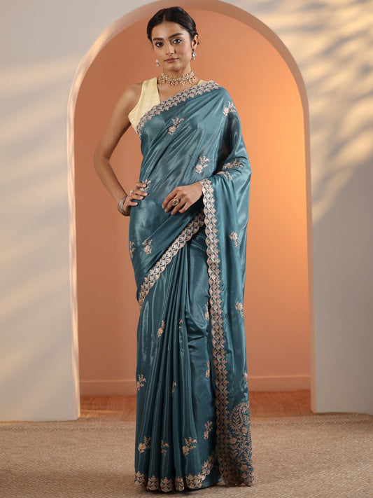 Blue Embroidered Silk Blend Saree With Unstitched Blouse Piece