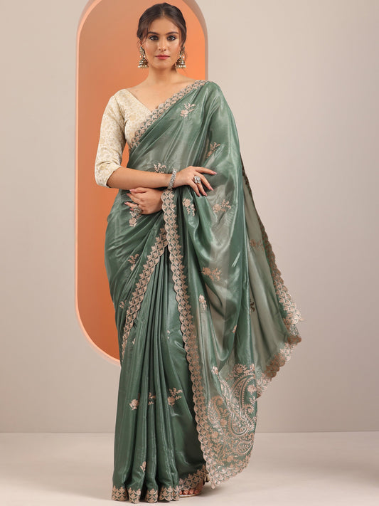 Green Embellished Silk Blend Saree With Unstitched Blouse Piece