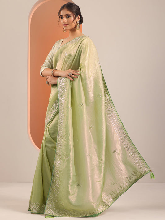 Green Embroidered Jimmy Choo Organza Saree With Unstitched Blouse Piece