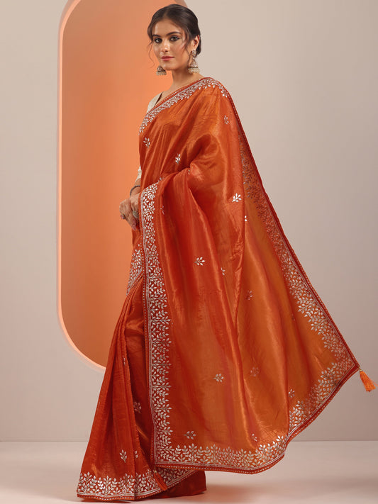 Orange Embroidered Organza Saree With Unstitched Blouse Piece