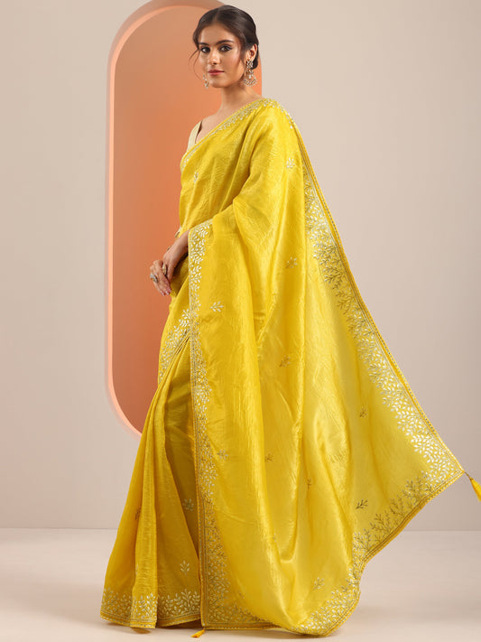 Yellow Embroidered Organza Saree With Unstitched Blouse Piece