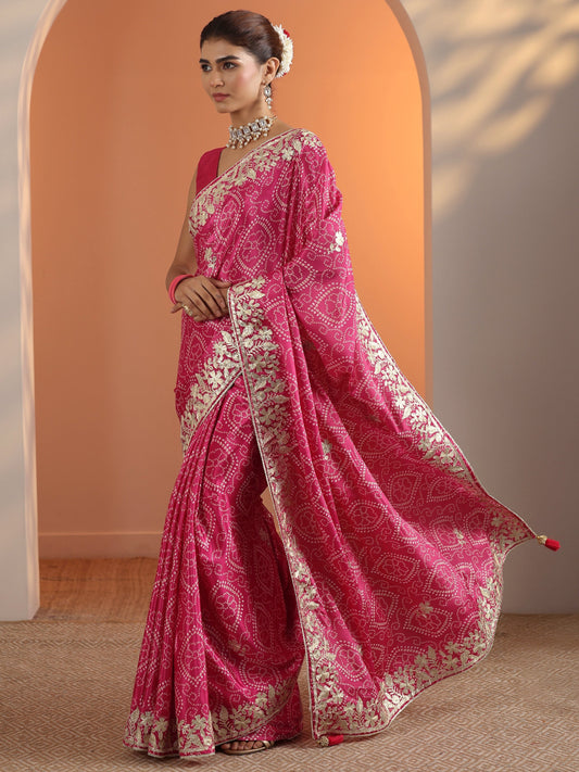 Pink Bandhani Printed Chinon Saree With Unstitched Blouse Piece