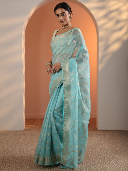 Blue Embellished Nylon Saree With Unstitched Blouse Piece