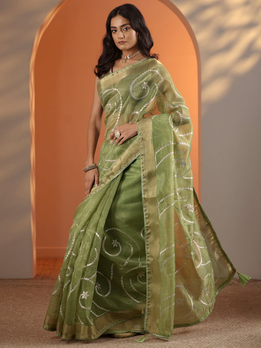 Green Embellished Nylon Saree With Unstitched Blouse Piece