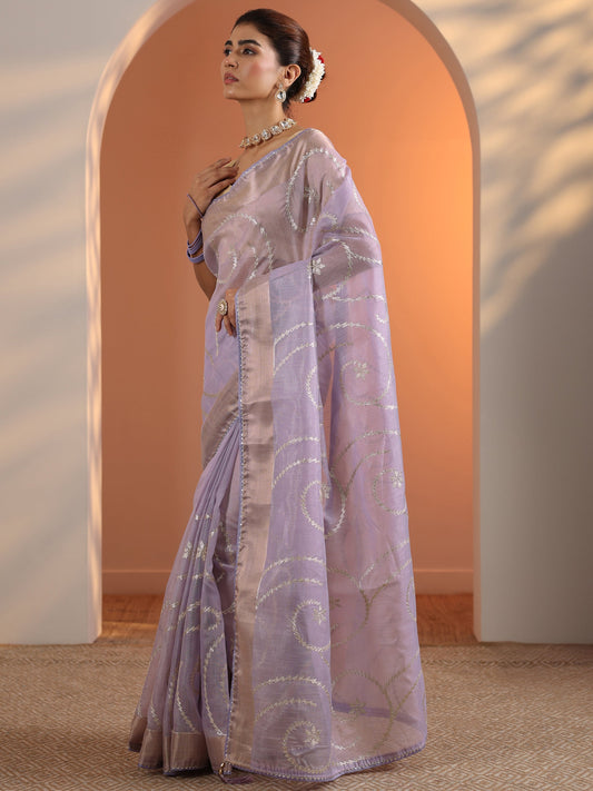 Lavender Embellished Nylon Saree With Unstitched Blouse Piece