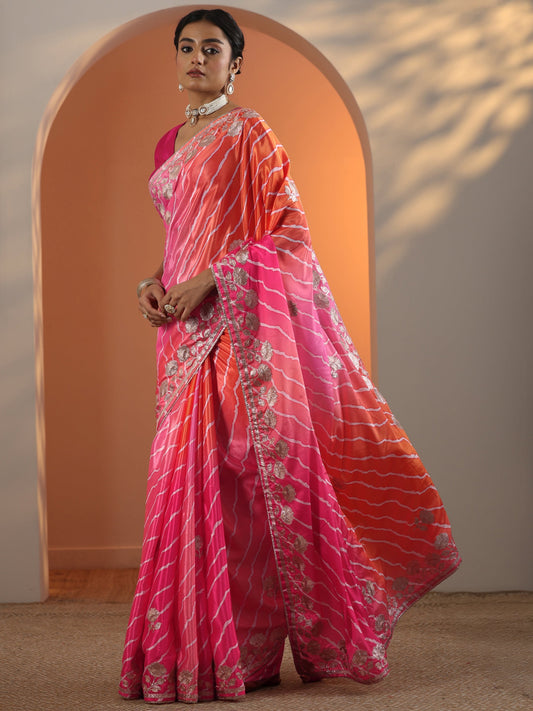 Pink Printed Chinon Saree With Unstitched Blouse Piece