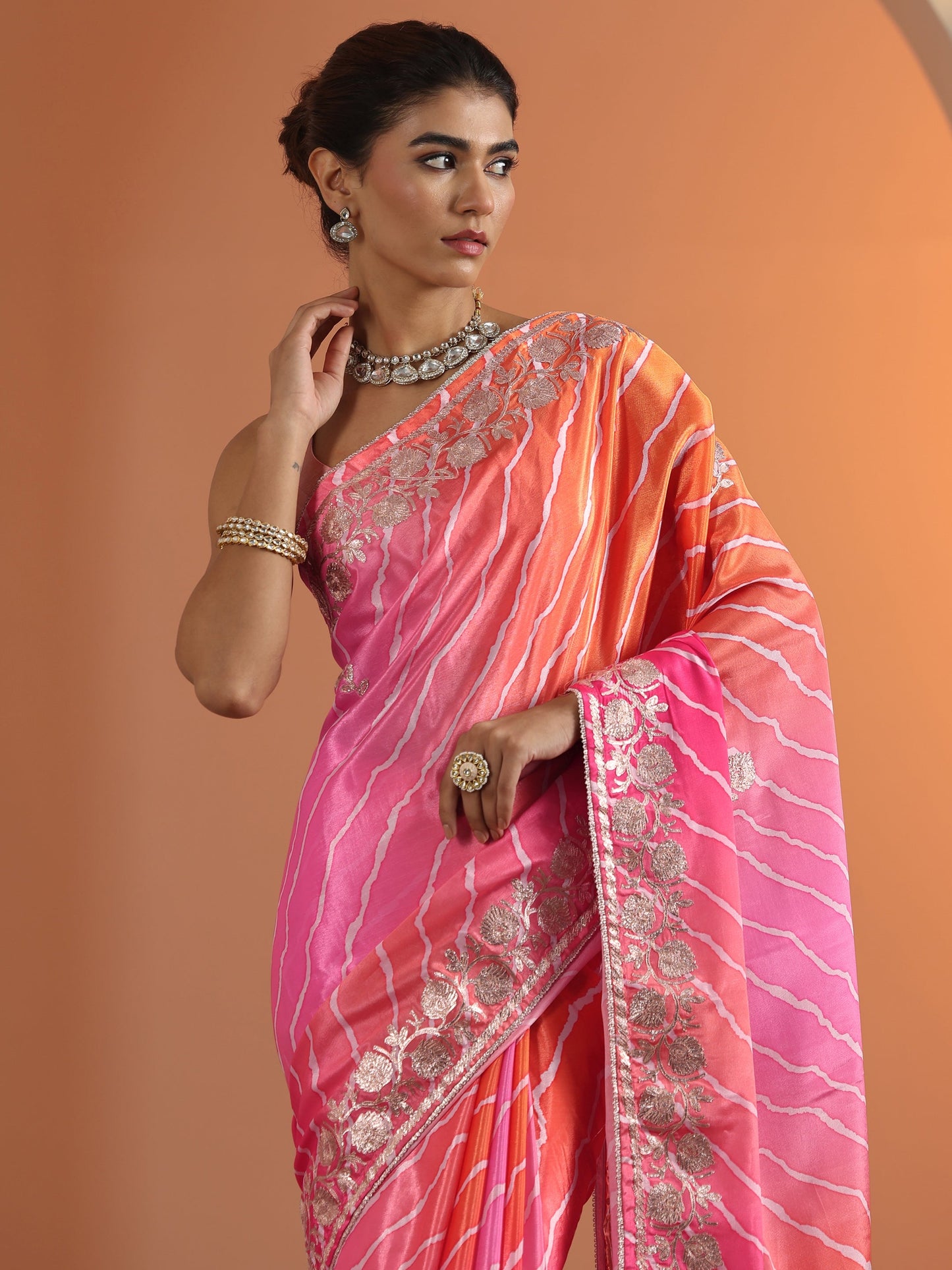 Pink Printed Chinon Saree With Unstitched Blouse Piece