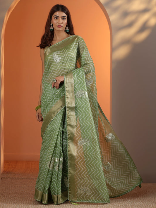 Green Printed Nylon Saree With Unstitched Blouse Piece