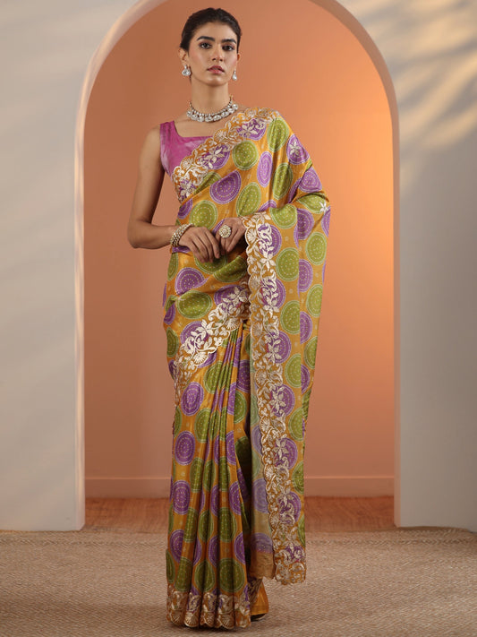 Mustard Bandhani Printed Crepe Saree With Unstitched Blouse Piece