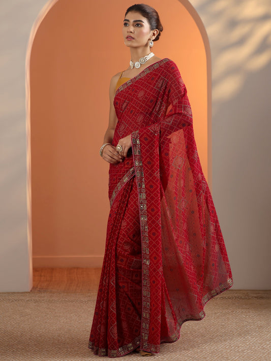 Red Printed Georgette Saree With Unstitched Blouse Piece
