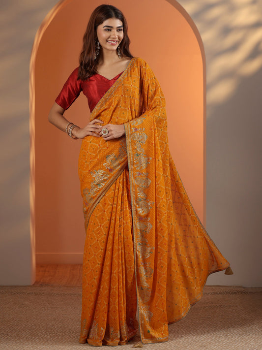 Mustard Printed Georgette Saree With Unstitched Blouse Piece