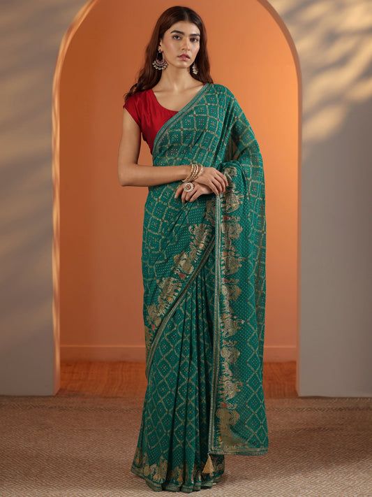 Green Printed Georgette Saree With Unstitched Blouse Piece