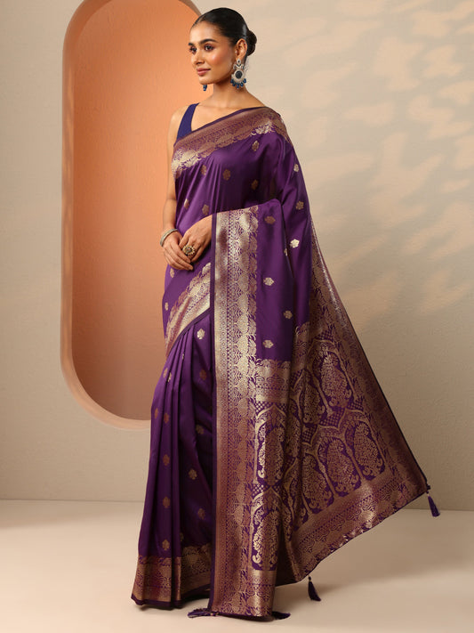 Purple Woven Design Banarasi Silk Blend Saree With Unstitched Blouse Piece