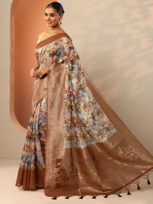 Brown Printed Silk Blend Saree With Unstitched Blouse Piece