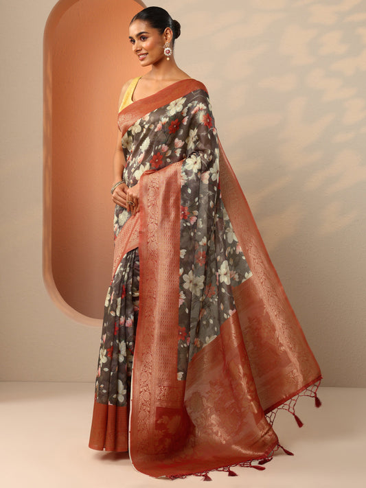 Grey Printed Silk Blend Saree With Unstitched Blouse Piece