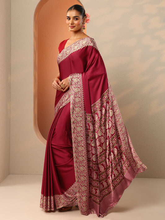 Red Solid Satin Saree With Unstitched Blouse Piece
