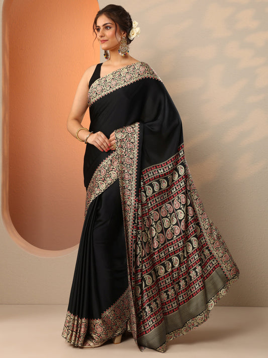 Black Solid Satin Saree With Unstitched Blouse Piece