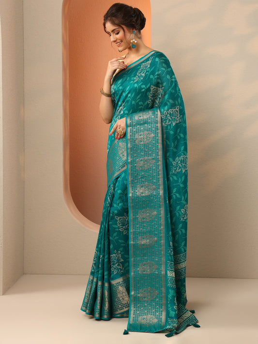 Green Printed Georgette Saree With Unstitched Blouse Piece
