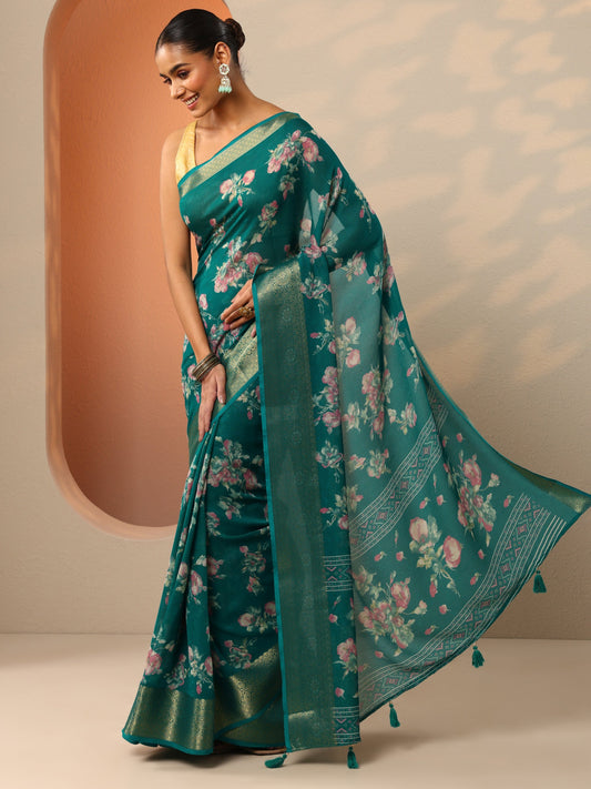 Green Printed Georgette Saree With Unstitched Blouse Piece