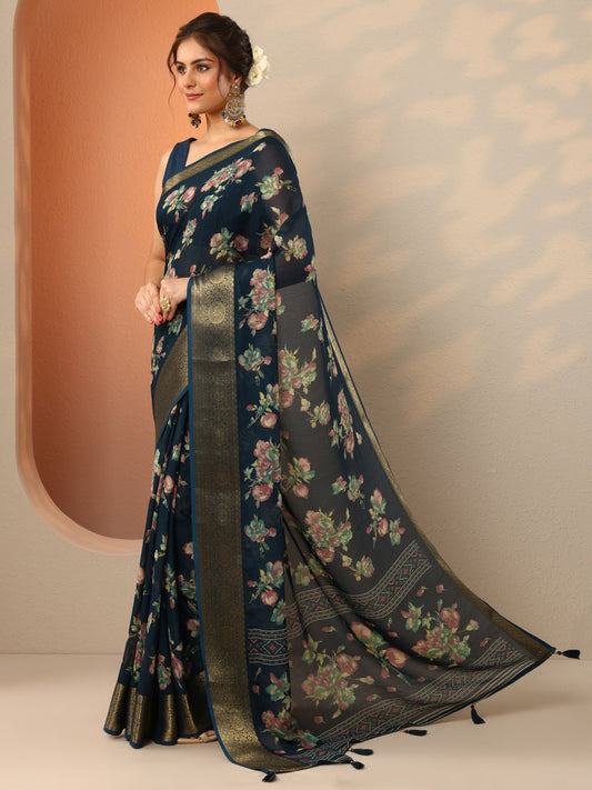 Navy Blue Printed Georgette Saree With Unstitched Blouse Piece