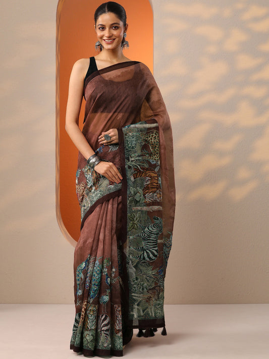 Brown Printed Silk Blend Saree With Unstitched Blouse Piece